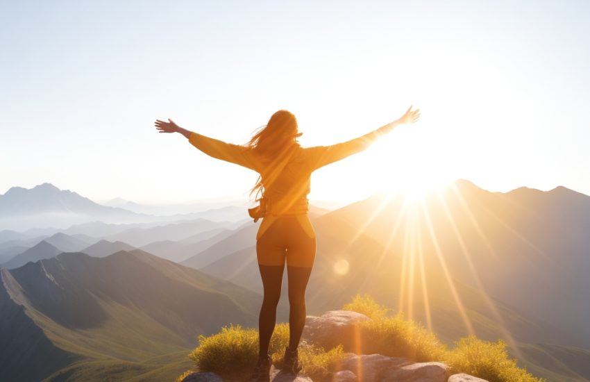A woman standing atop a mountain, her arms outstretched as she absorbs the energy of the sun.