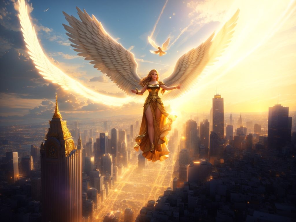 A majestic angel with 818 wingspan hovering over a cityscape, radiating a golden light of guidance and purpose.